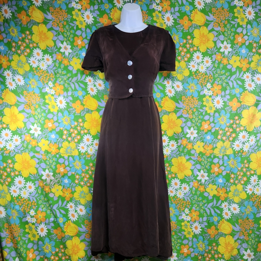 Maggy London Vintage 80s/90s Chocolate Silk Maxi Dress And Vest Set